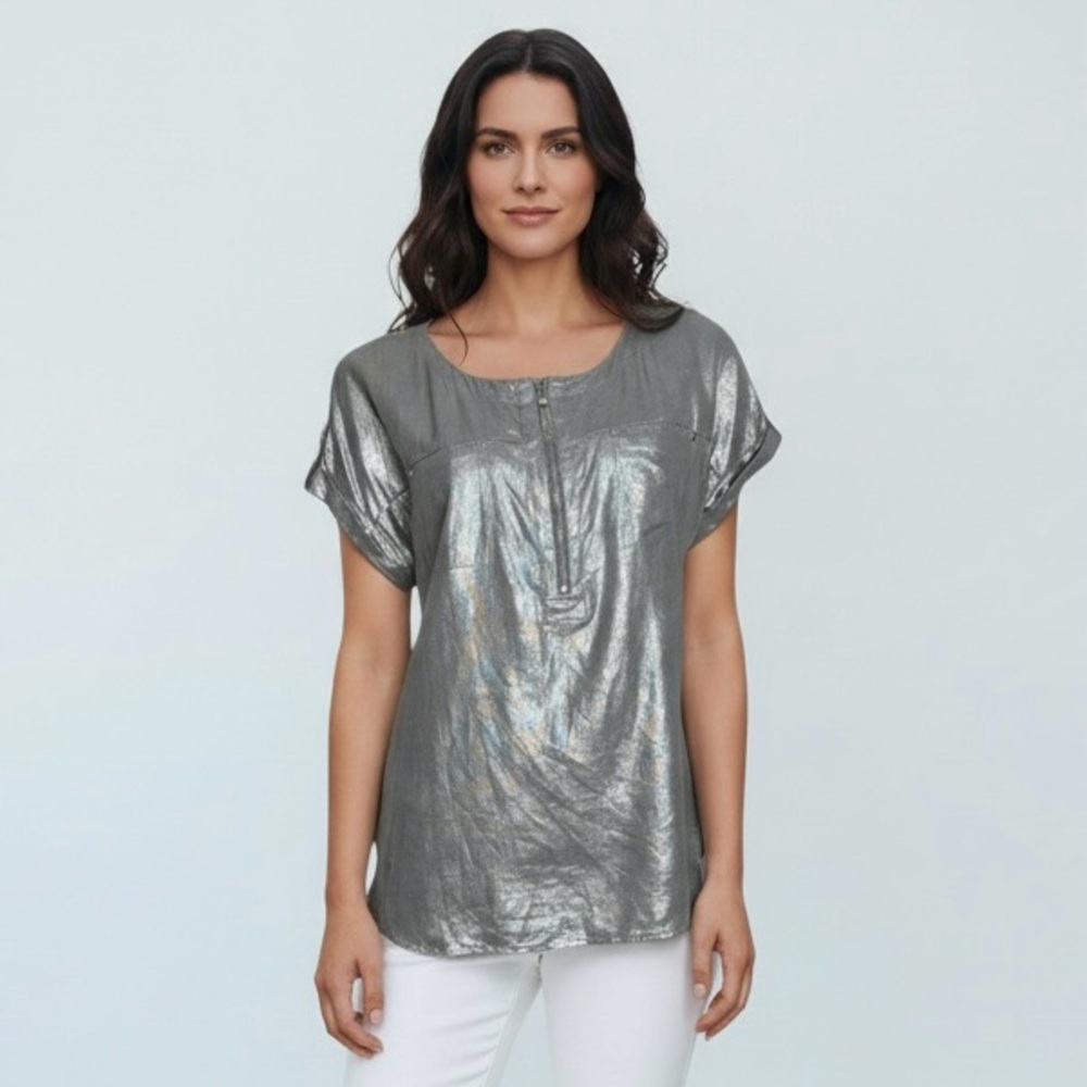 Ellen Tracy Linen Blend Metallic Silver Grey Short Sleeve Tee Shirt